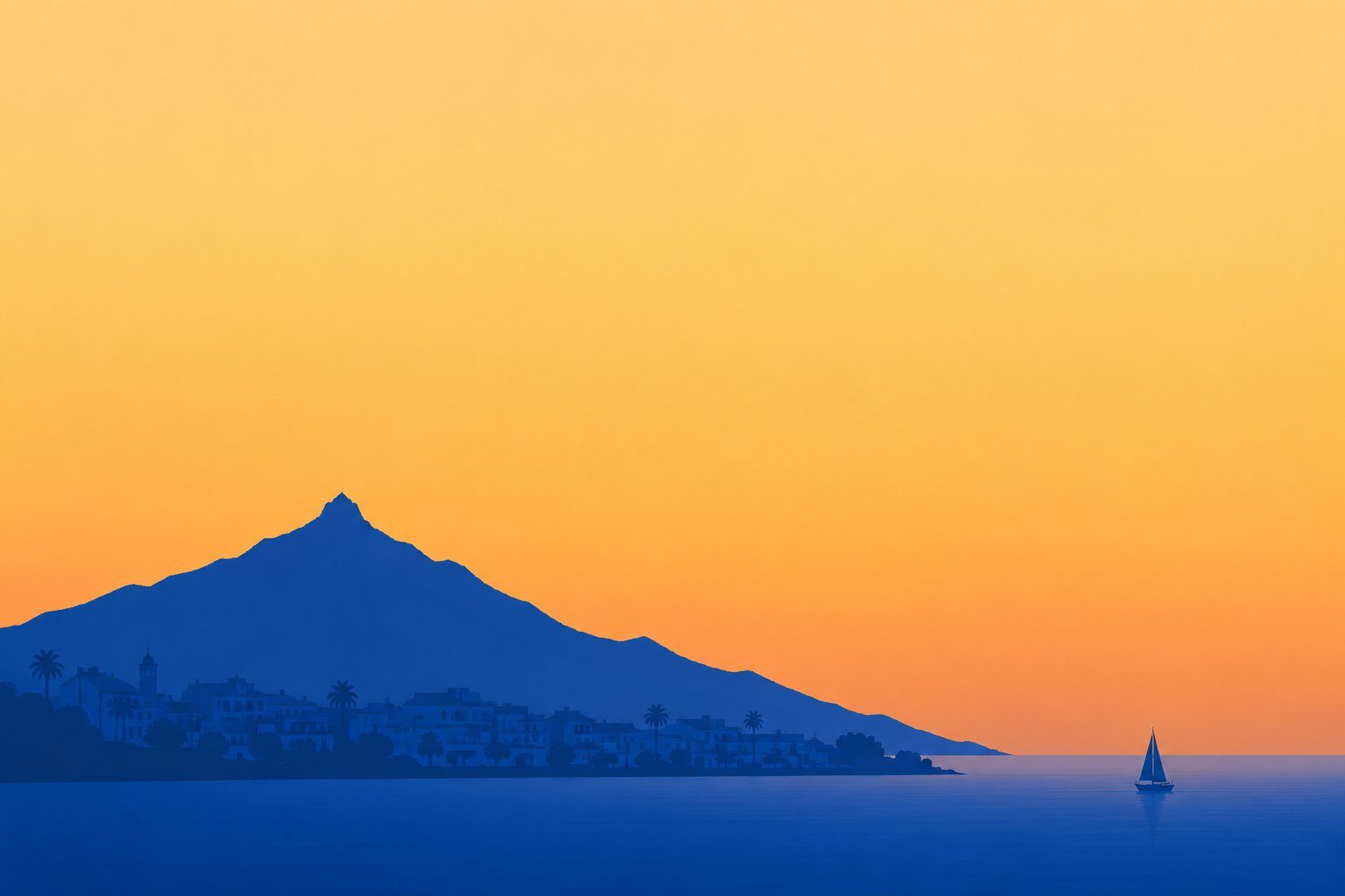 Golden-hour view of Estepona old town on the Costa del Sol, with whitewashed houses, flower pots, a palm-lined promenade, a small lighthouse and the Sierra Bermeja mountains behind
